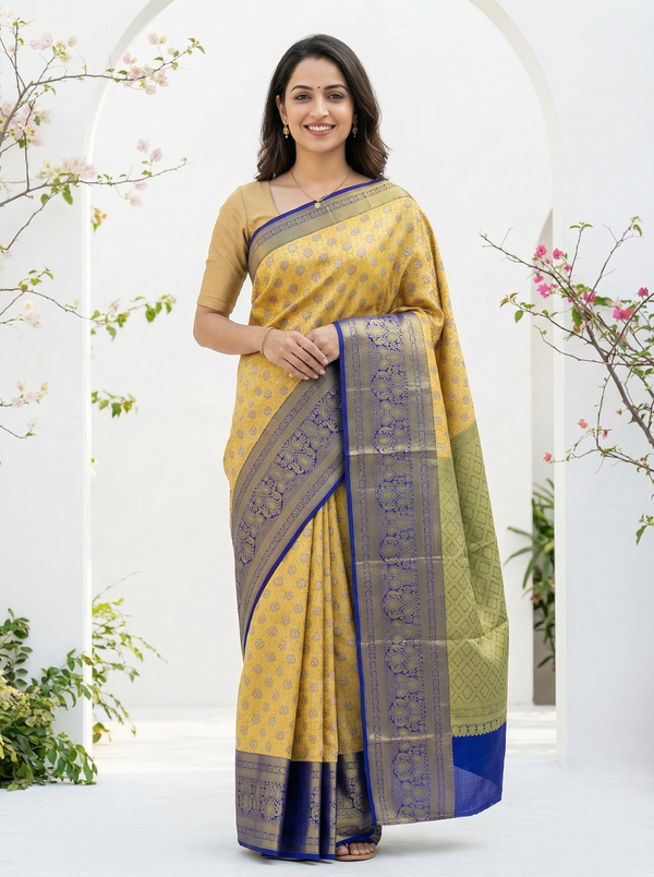 Mustard Gold Kanchipuram Inspired Semi Silk Saree with Medium Medium Contrast Border