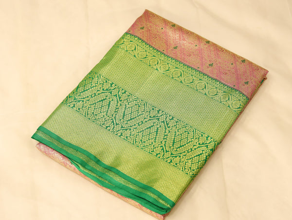 Lime Green Gadwal Inspired Semi Silk Saree with Wide Wide Contrast Border