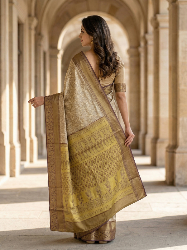 Champagne Gold Kanchipuram Inspired Semi Silk Saree with Wide Wide Contrast Border