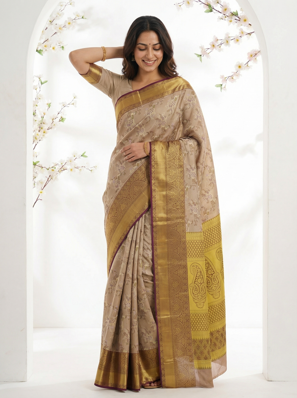 Champagne Gold Dharmavaram Inspired Semi Silk Saree with Wide Wide Contrast Border
