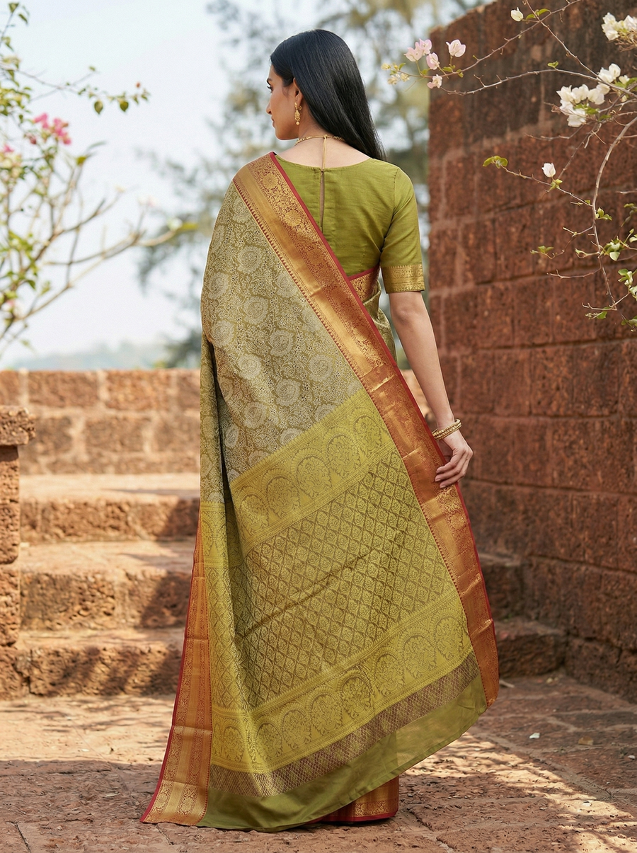 Olive Gold Kanchipuram Inspired Semi Silk Saree with Wide Wide Contrast Border