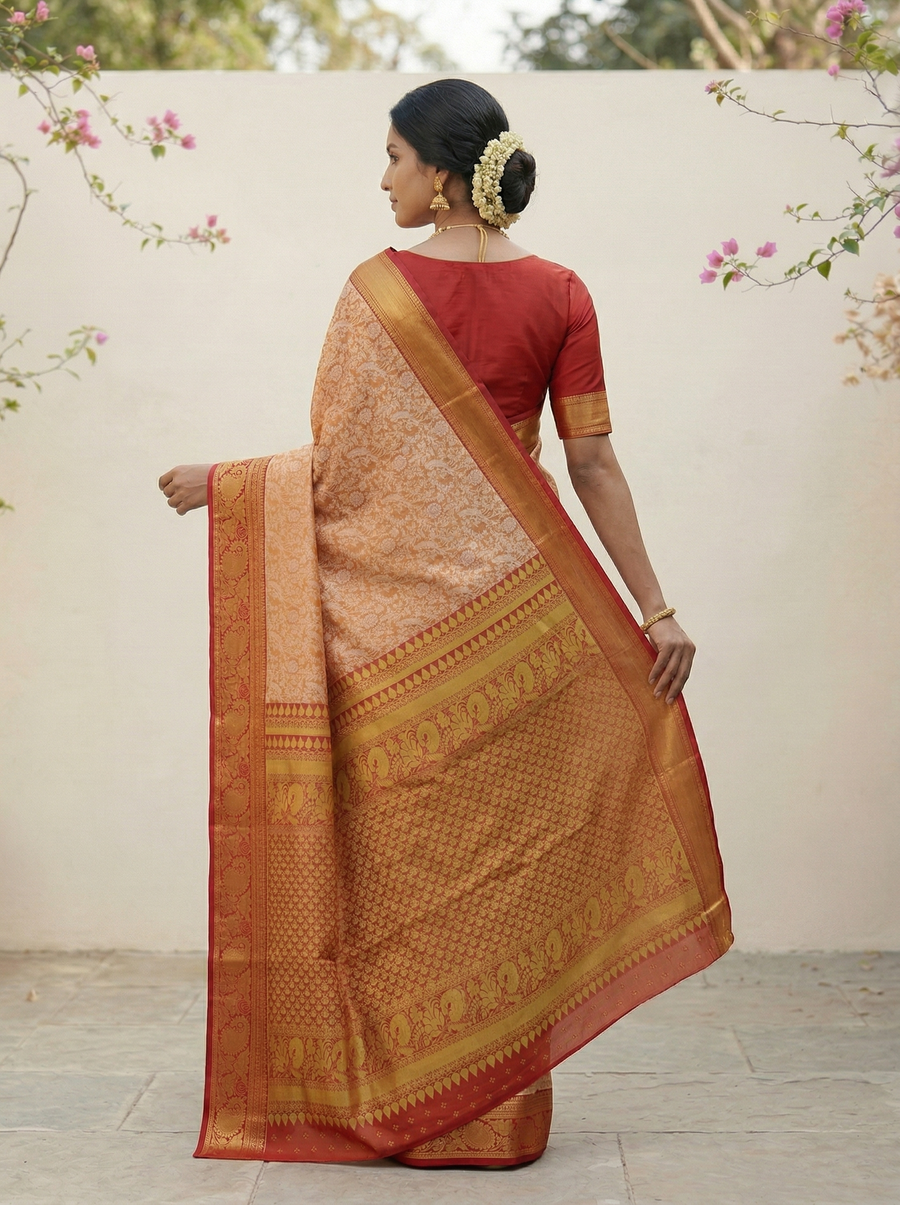 Terracotta Orange Dharmavaram Inspired Semi Silk Saree with Wide Wide Contrast Border
