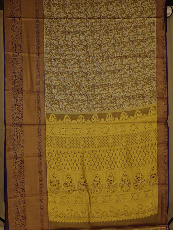 Champagne Gold Kanchipuram Inspired Semi Silk Saree with Medium Medium Contrast Border