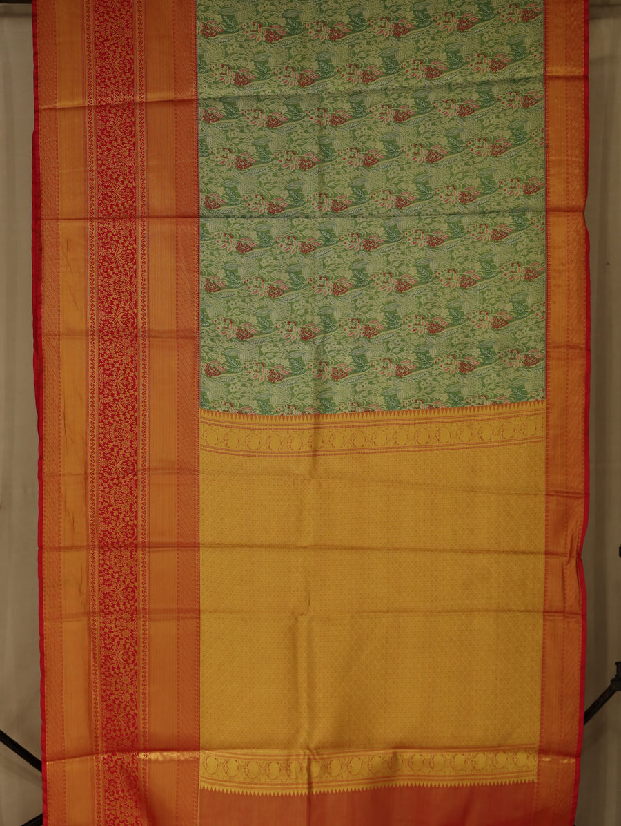 Sage Green Kanchipuram Inspired Semi Silk Saree with Wide Wide Contrast Border