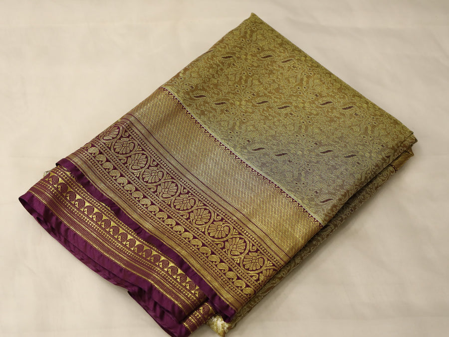Olive Green Kanchipuram Inspired Semi Silk Saree with Medium Medium Contrast Border