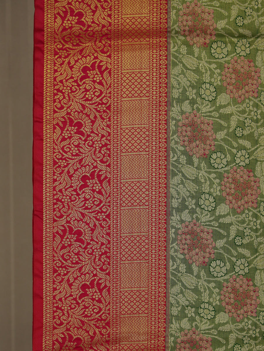 Sage Green Kanchipuram Inspired Semi Silk Saree with Medium Medium Contrast Border