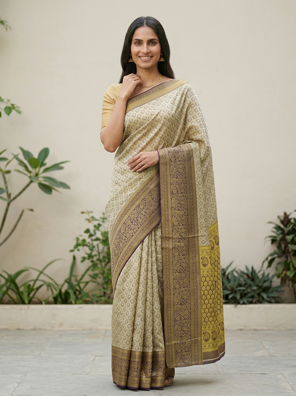 Champagne Gold Kanchipuram Inspired Semi Silk Saree with Wide Wide Contrast Border