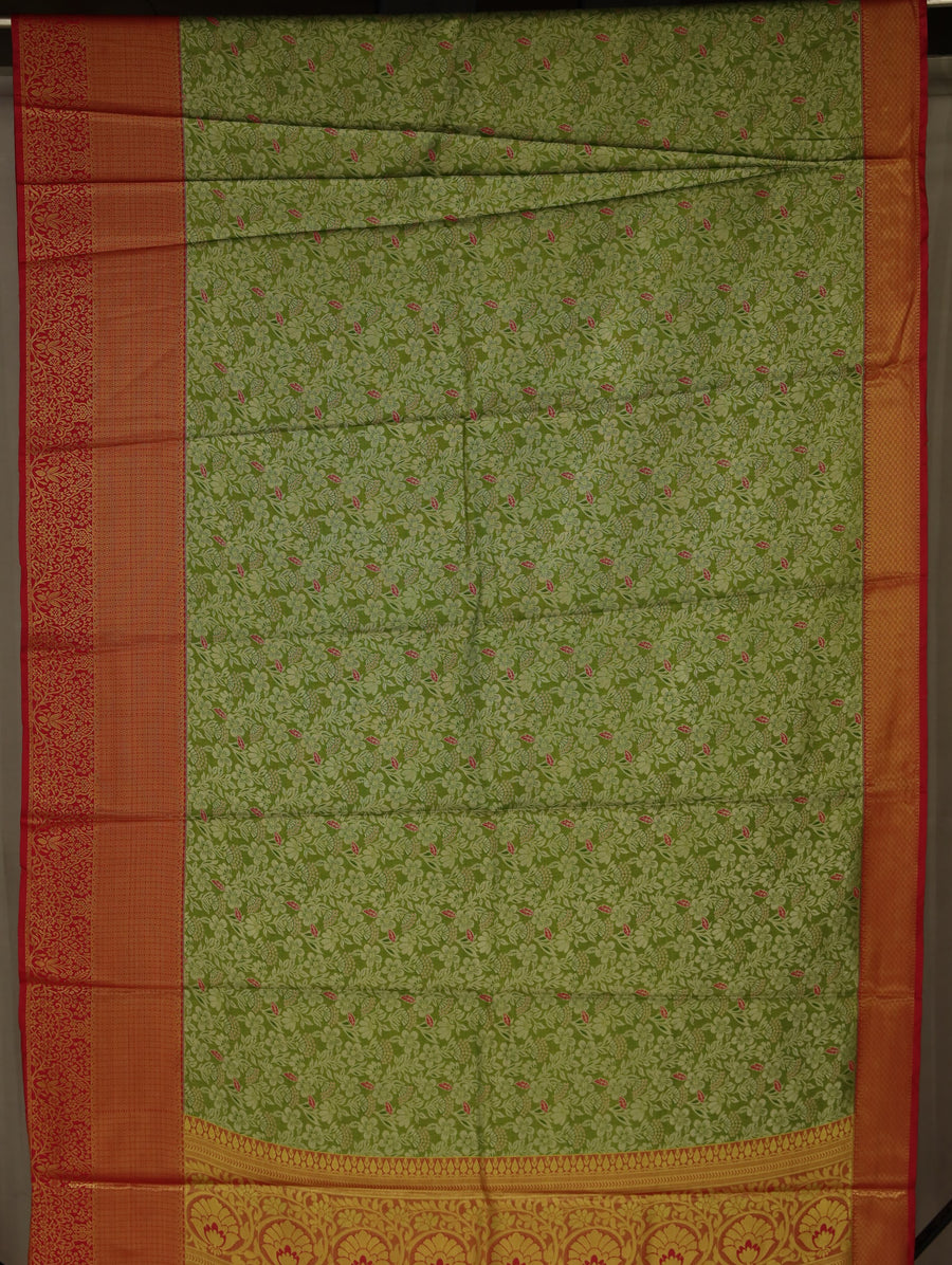 Olive Green Kanchipuram Inspired Semi Silk Saree with Wide Wide Contrast Border