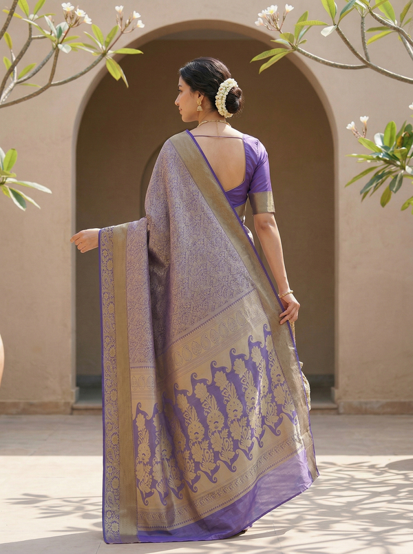 Lavender Mist Kanchipuram Inspired Semi Silk Saree with Wide Wide Contrast Border