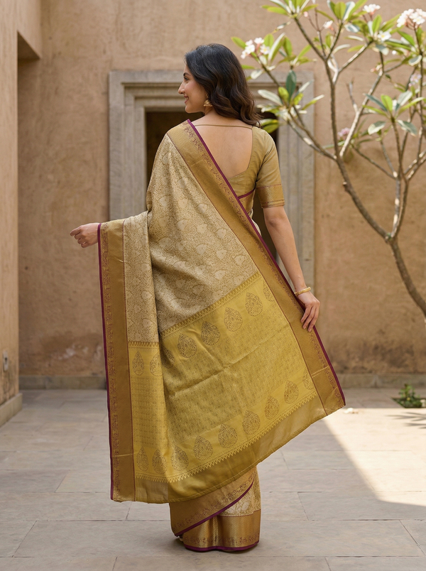 Champagne Gold Dharmavaram Inspired Semi Silk Saree with Medium Medium Contrast Border