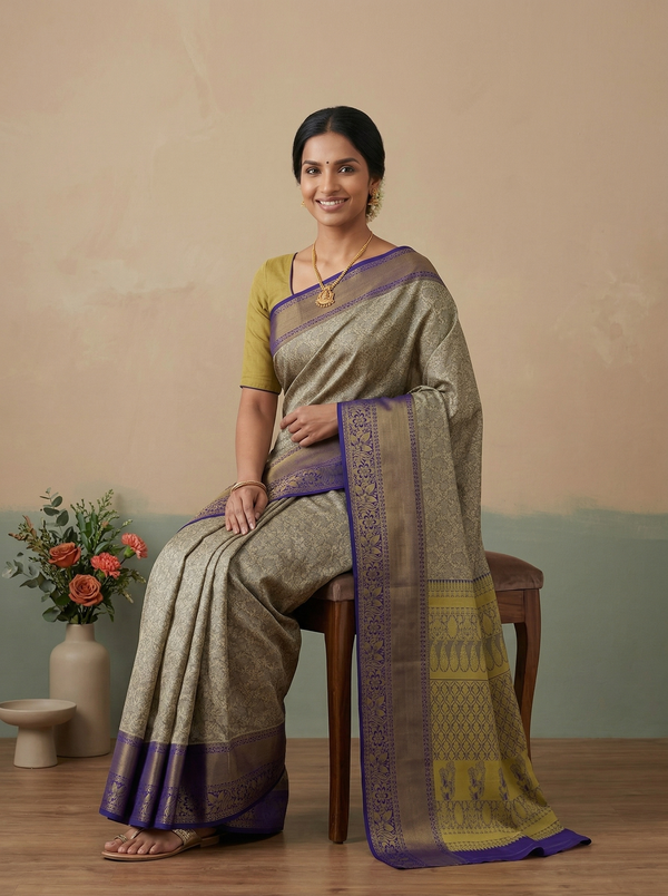 Champagne Gold Kanchipuram Inspired Semi Silk Saree with Wide Wide Contrast Border
