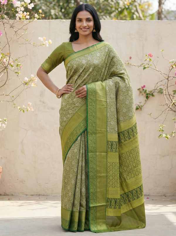 Olive Green Uppada Inspired Semi Silk Saree with Wide Wide Contrast Border