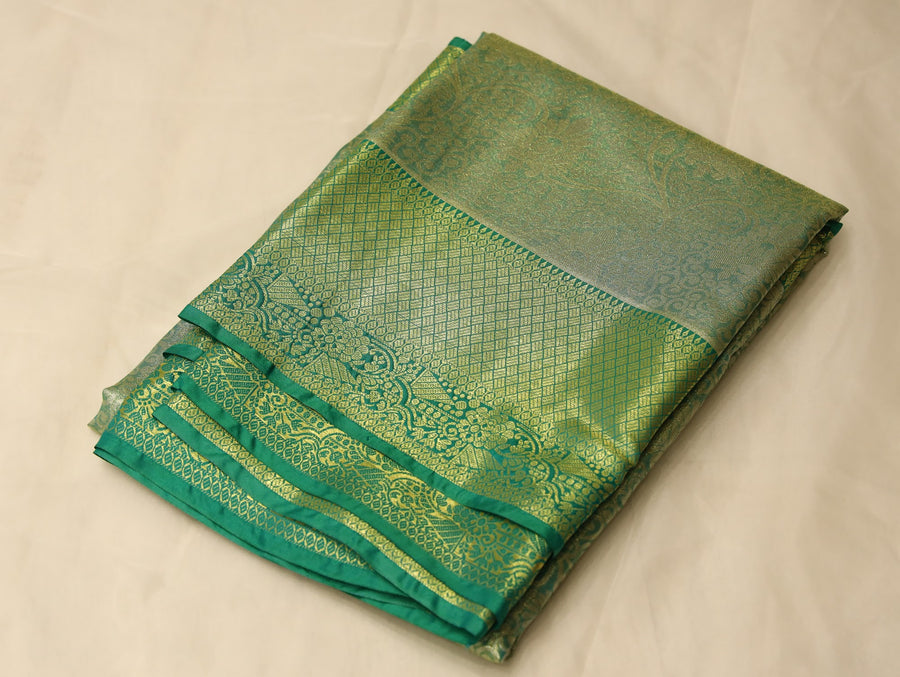 Mint Green Kanchipuram Inspired Semi Silk Saree with Wide Wide Contrast Border