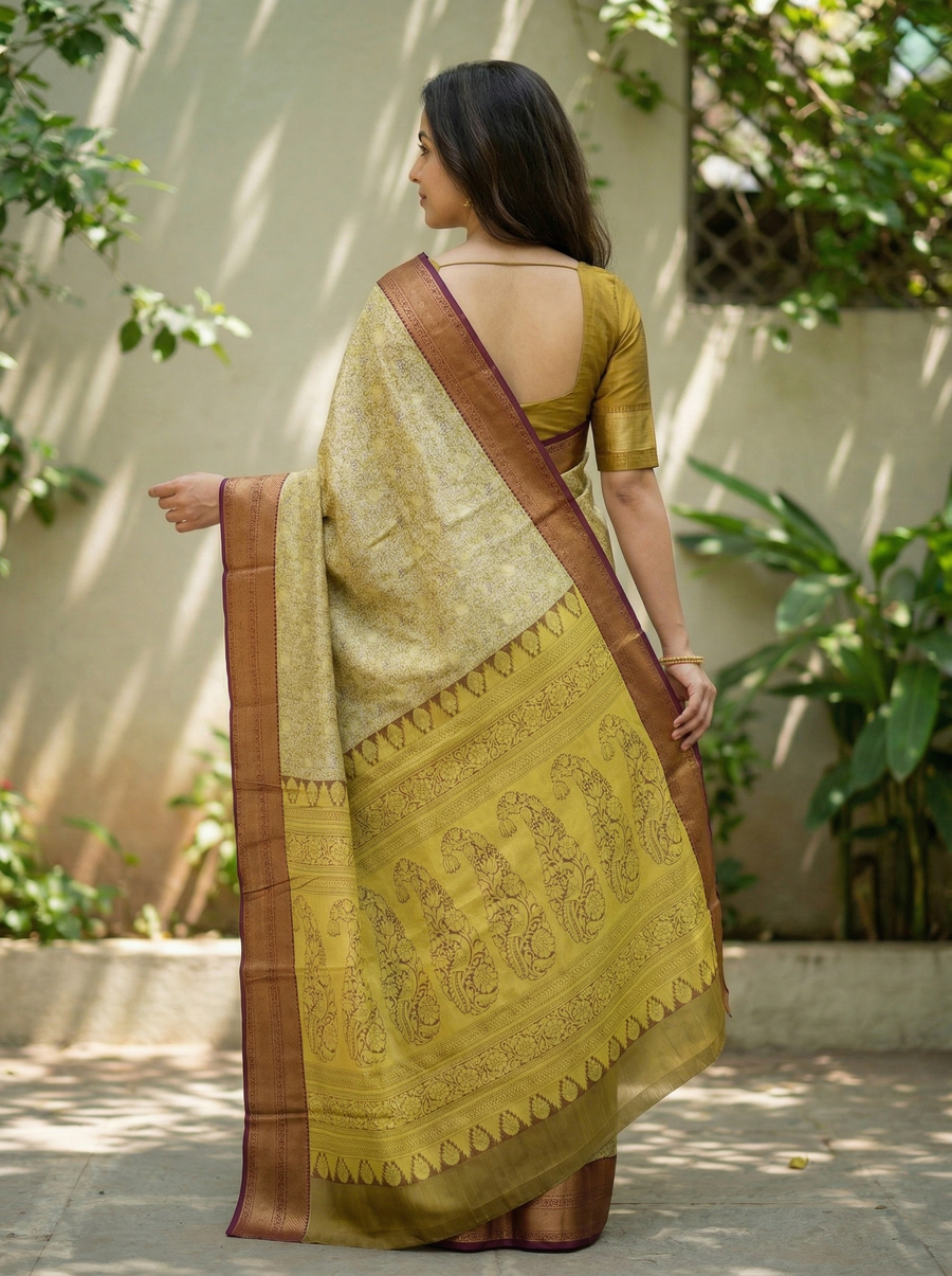 Olive Green Dharmavaram Inspired Semi Silk Saree with Wide Wide Contrast Border