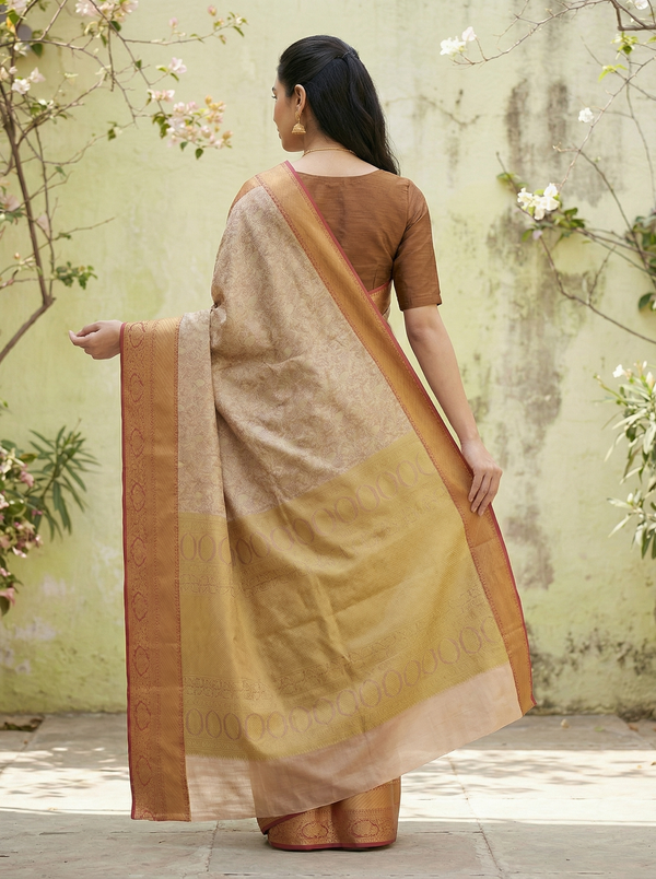 Champagne Gold Dharmavaram Inspired Semi Silk Saree with Wide Wide Contrast Border