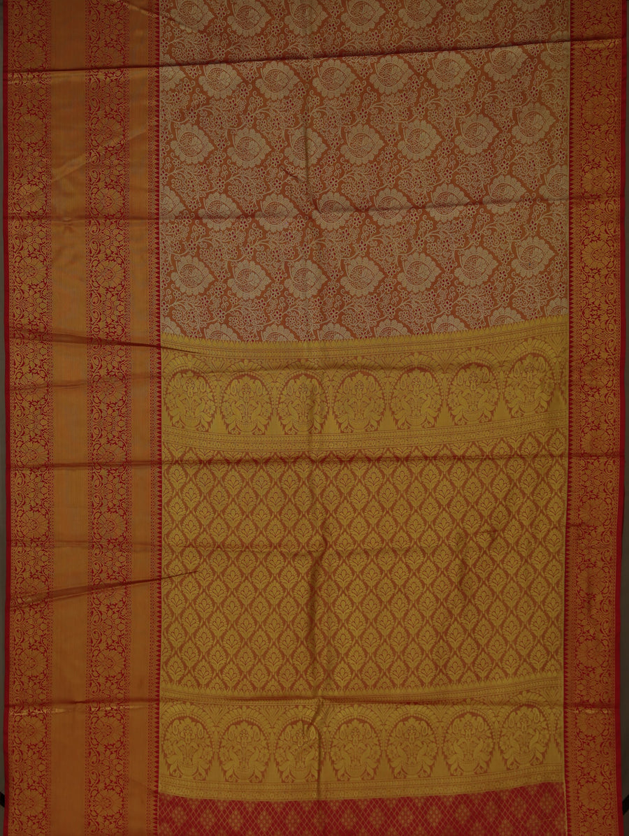 Champagne Gold Kanchipuram Inspired Semi Silk Saree with Wide Wide Contrast Border