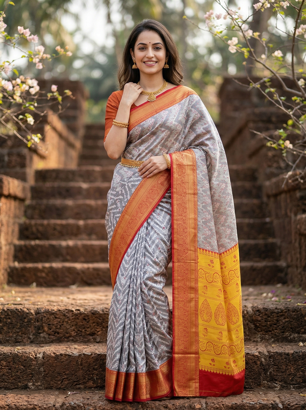 Mustard Yellow Kanchipuram Inspired Semi Silk Saree with Wide Wide Contrast Border