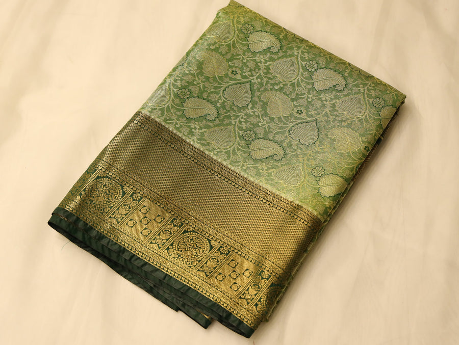 Olive Green Kanchipuram Inspired Semi Silk Saree with Medium Medium Contrast Border