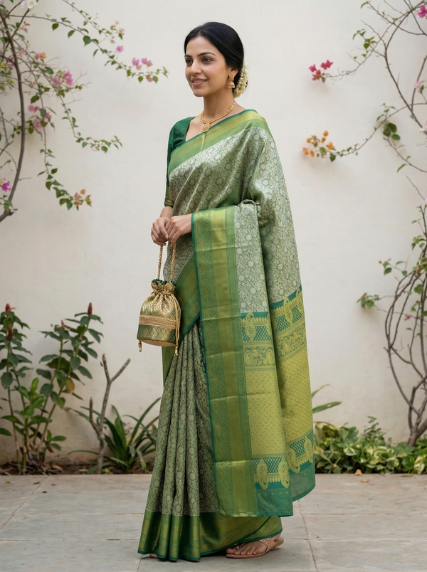 Mint Green Gadwal Inspired Semi Silk Saree with Medium Medium Contrast Border