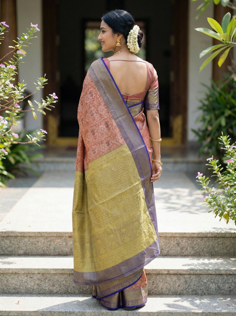 Dusty Rose Kanchipuram Inspired Semi Silk Saree with Medium Medium Contrast Border