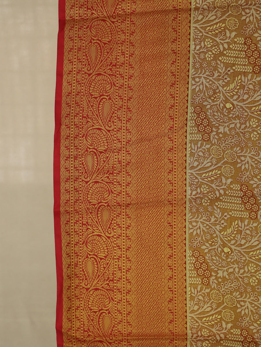 Saffron Gold Kanchipuram Inspired Semi Silk Saree with Wide Wide Contrast Border