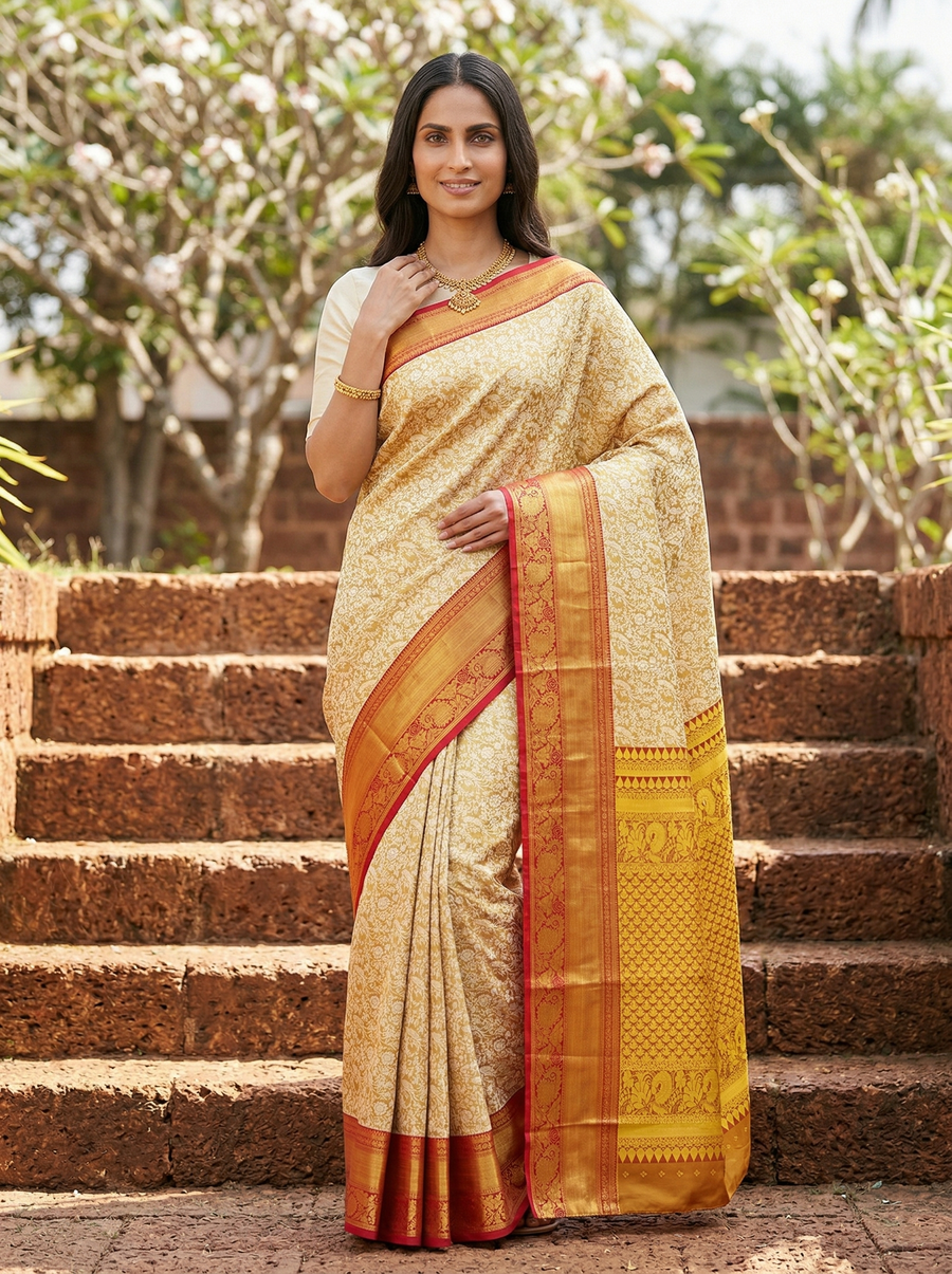 Champagne Gold Kanchipuram Inspired Semi Silk Saree with Wide Wide Contrast Border
