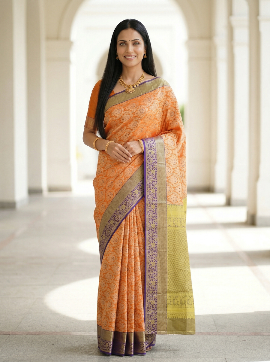 Burnt Orange Dharmavaram Inspired Semi Silk Saree with Narrow Narrow Contrast Border