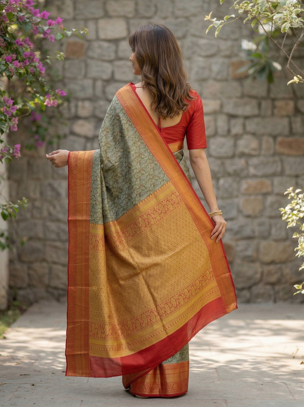 Sage Green Kanchipuram Inspired Semi Silk Saree with Wide Wide Contrast Border
