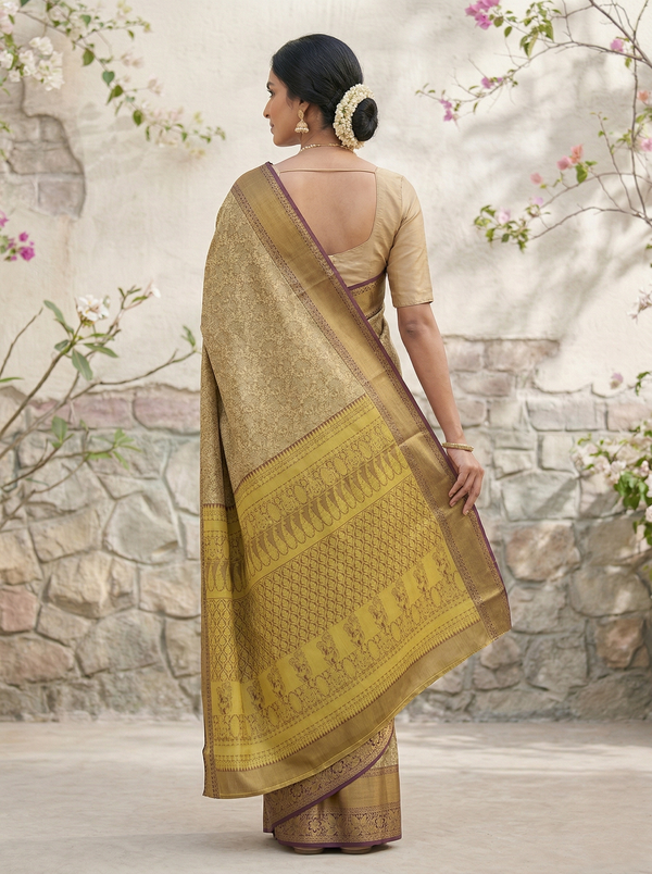 Champagne Gold Dharmavaram Inspired Semi Silk Saree with Wide Wide Contrast Border