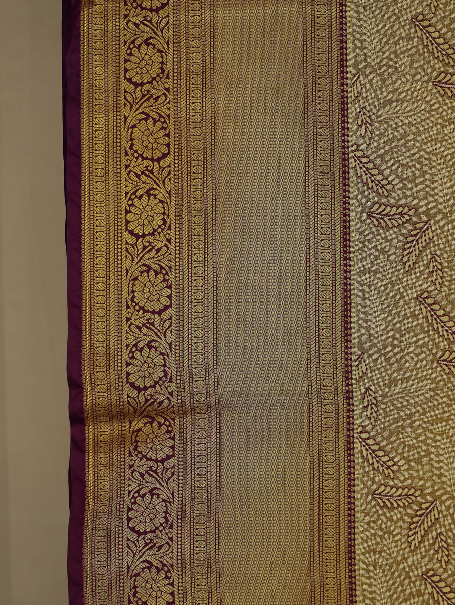 Ivory Beige Kanchipuram Inspired Semi Silk Saree with Wide Wide Contrast Border