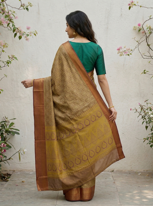 Champagne Gold Dharmavaram Inspired Semi Silk Saree with Wide Wide Contrast Border