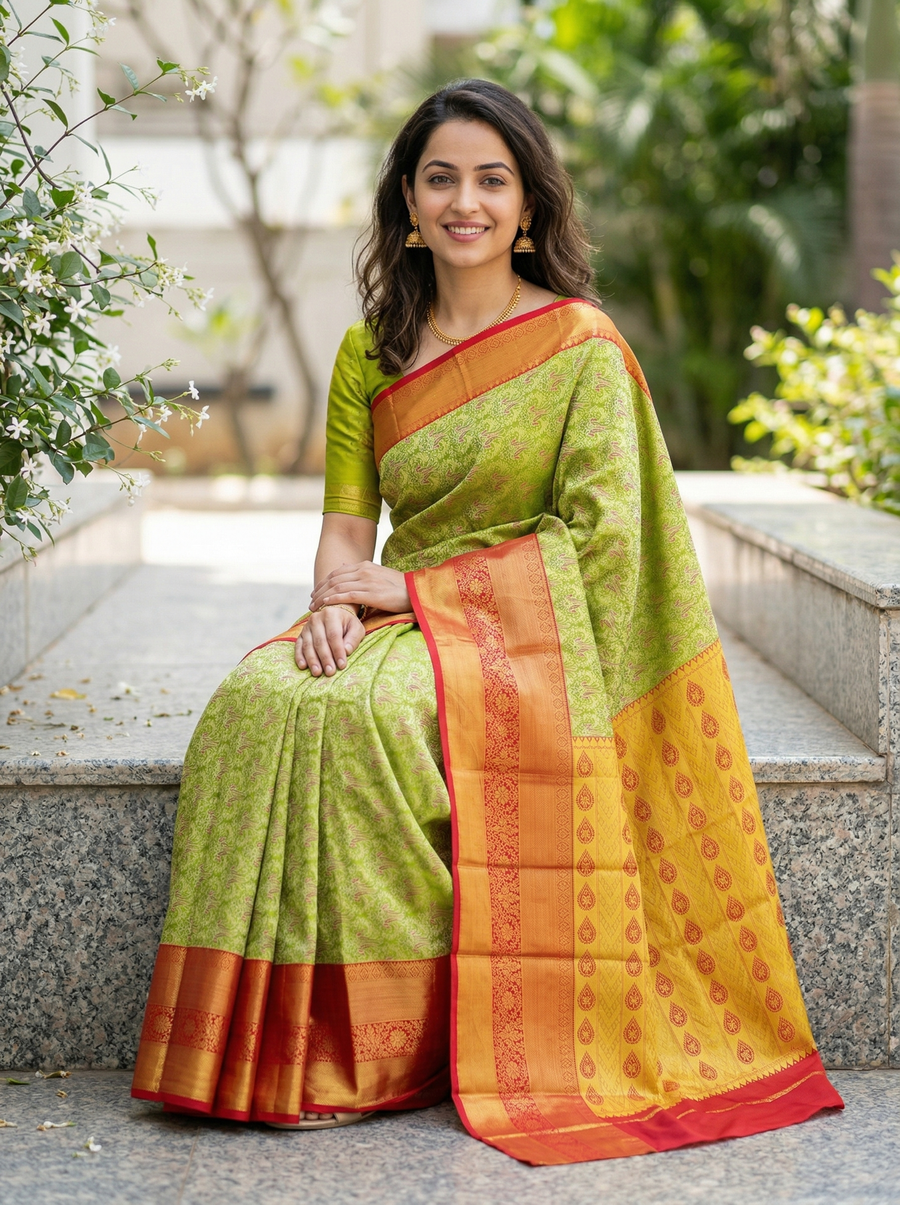 Lime Green Kanchipuram Inspired Semi Silk Saree with Wide Wide Contrast Border