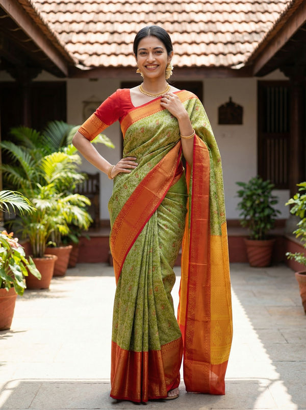 Sage Green Kanchipuram Inspired Semi Silk Saree with Wide Wide Contrast Border