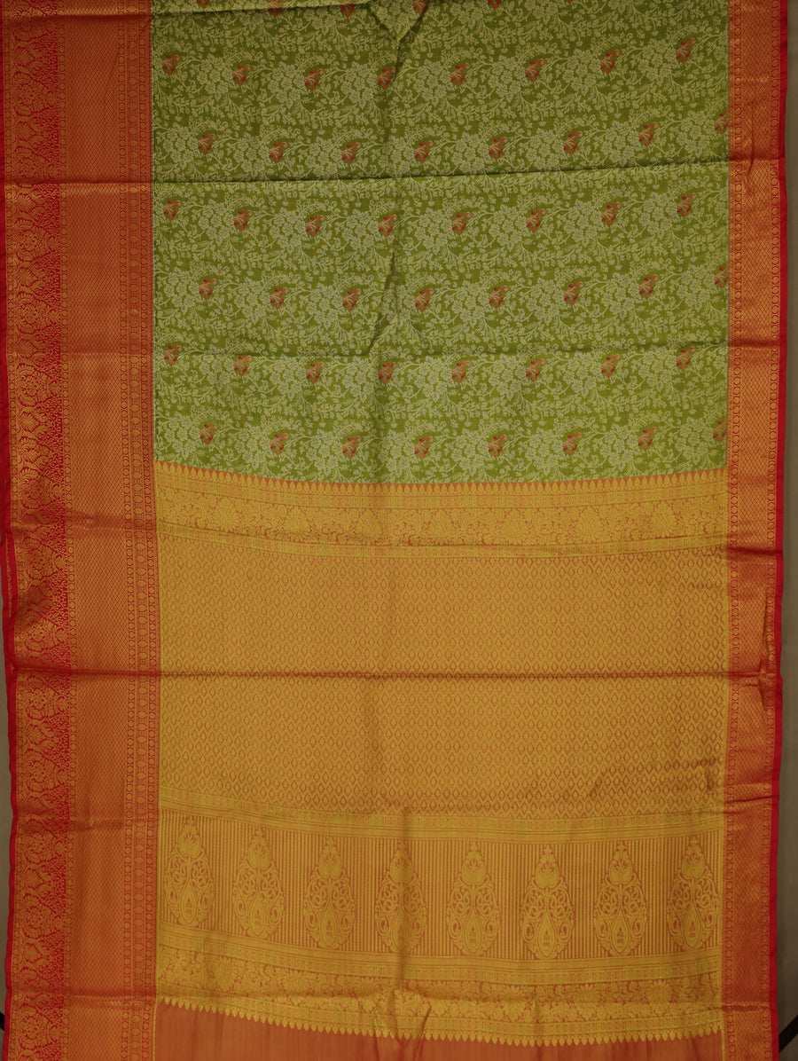 Sage Green Kanchipuram Inspired Semi Silk Saree with Wide Wide Contrast Border