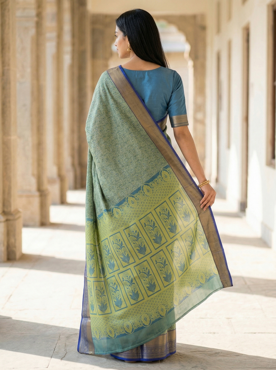 Sage Green Dharmavaram Inspired Semi Silk Saree with Medium Medium Contrast Border