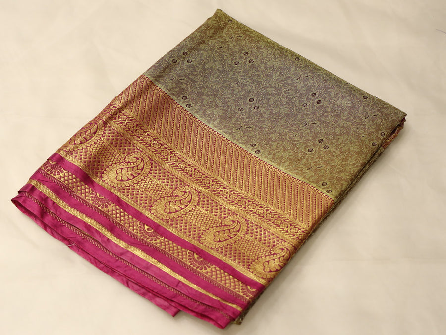 Antique Gold Kanchipuram Inspired Semi Silk Saree with Medium Medium Contrast Border