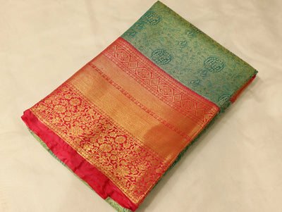 Sage Green Kanchipuram Inspired Semi Silk Saree with Wide Wide Contrast Border
