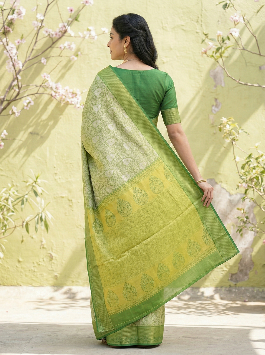 Lime Green Uppada Inspired Semi Silk Saree with Wide Wide Self Border