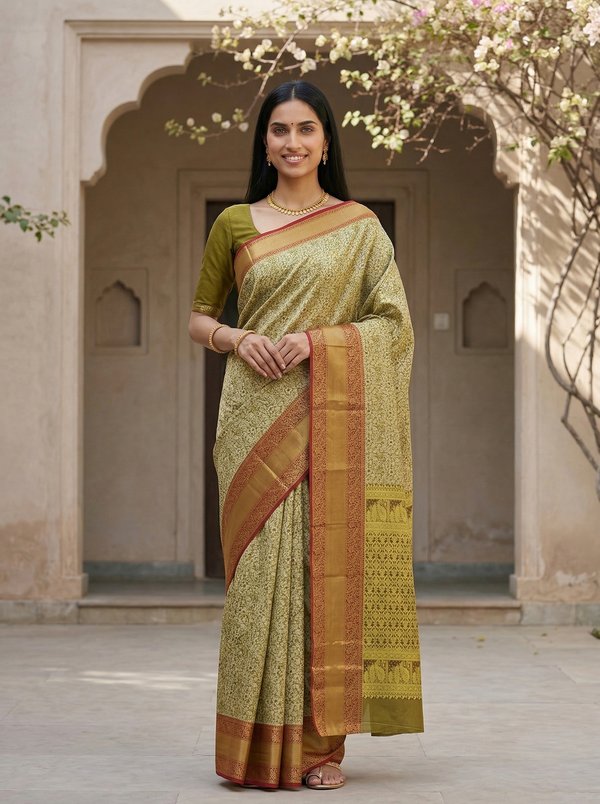 Olive Green Kanchipuram Inspired Semi Silk Saree with Wide Wide Contrast Border