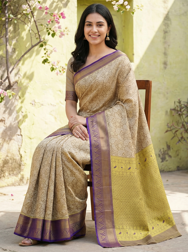 Champagne Gold Kanchipuram Inspired Semi Silk Saree with Medium Medium Contrast Border