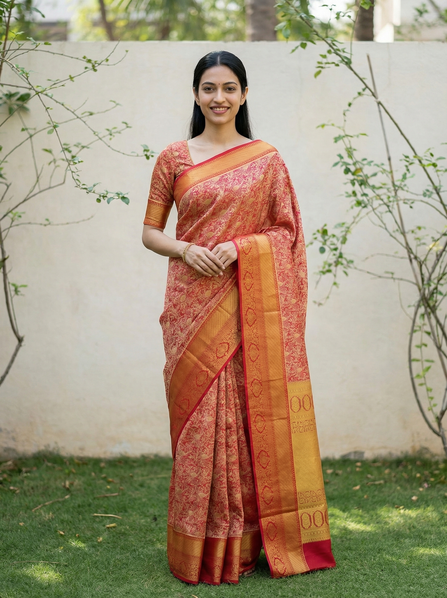 Terracotta Red Kanchipuram Inspired Semi Silk Saree with Wide Wide Contrast Border