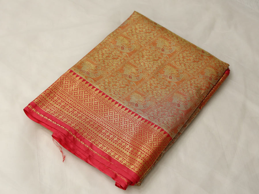 Sunset Gold Dharmavaram Inspired Semi Silk Saree with Wide Wide Contrast Border