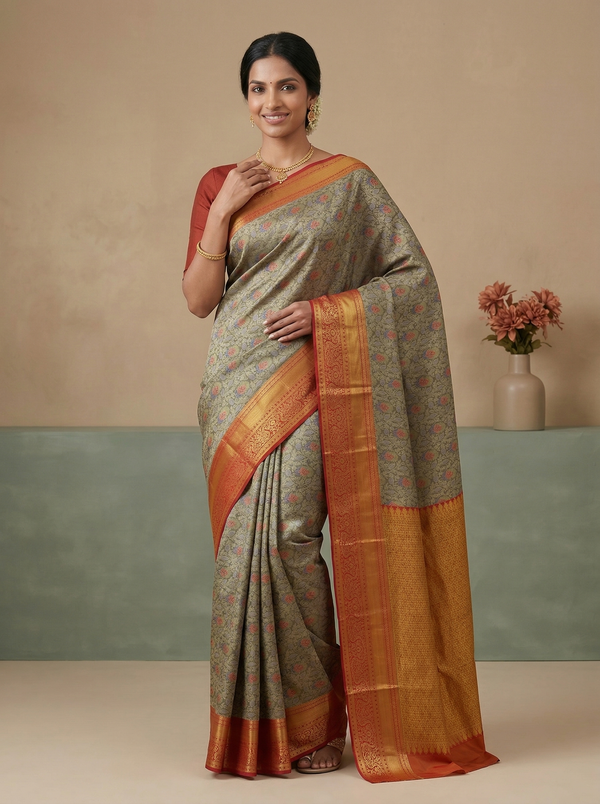 Amber Yellow Dharmavaram Inspired Semi Silk Saree with Medium Medium Contrast Border