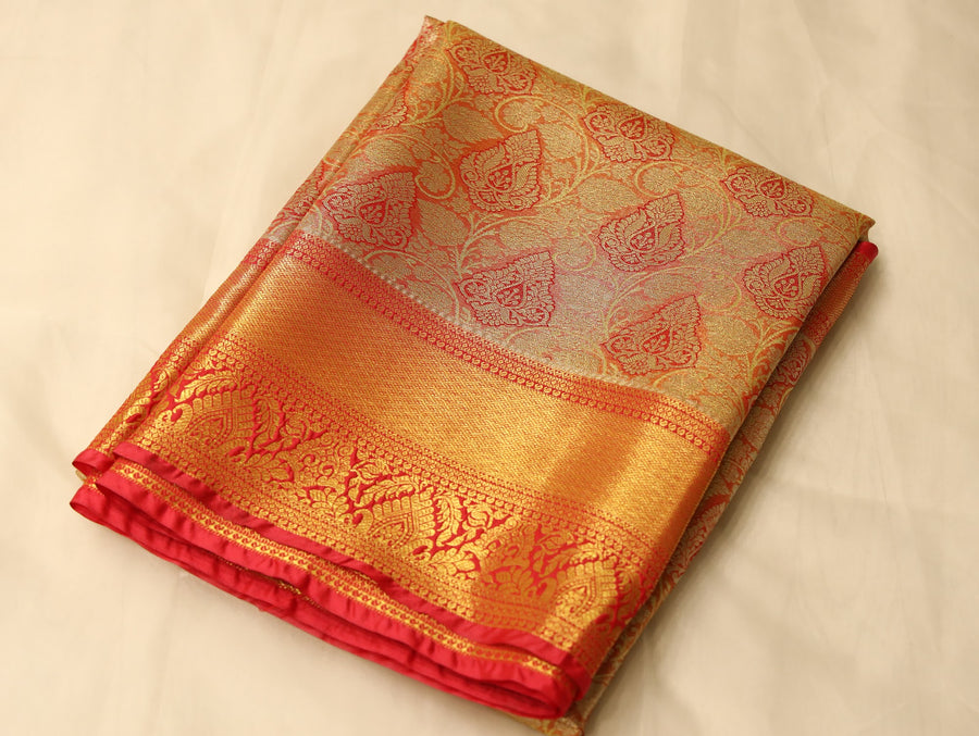 Sunset Gold Dharmavaram Inspired Semi Silk Saree with Wide Wide Contrast Border