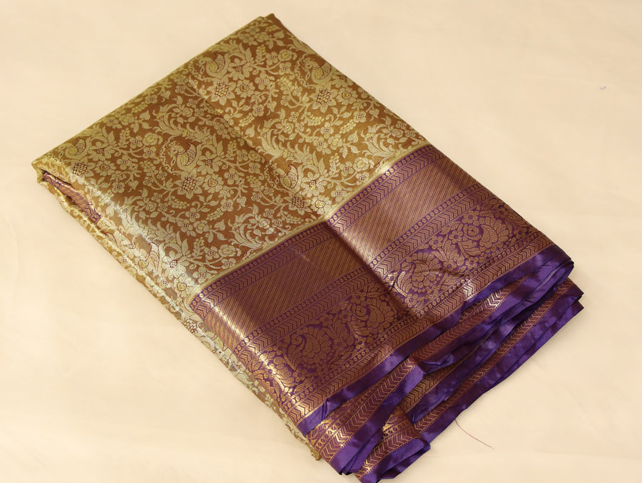 Champagne Gold Kanchipuram Inspired Semi Silk Saree with Wide Medium Contrast Border