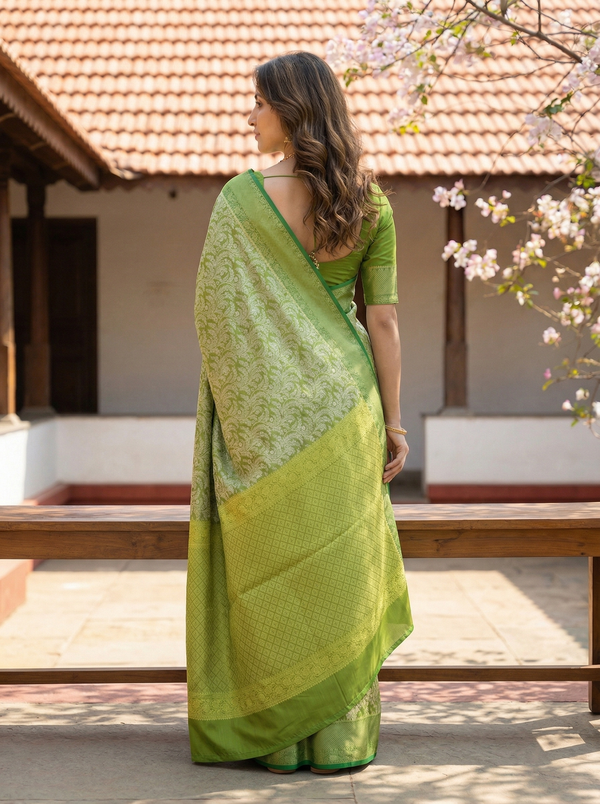 Olive Green Kanchipuram Inspired Semi Silk Saree with Wide Wide Self Border