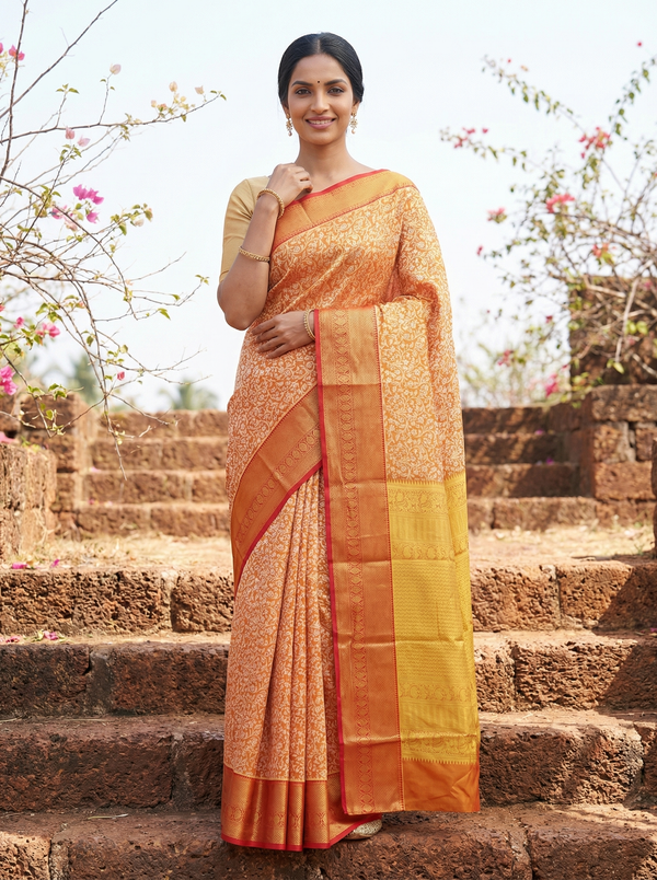 Golden Mustard Dharmavaram Inspired Semi Silk Saree with Medium Medium Contrast Border