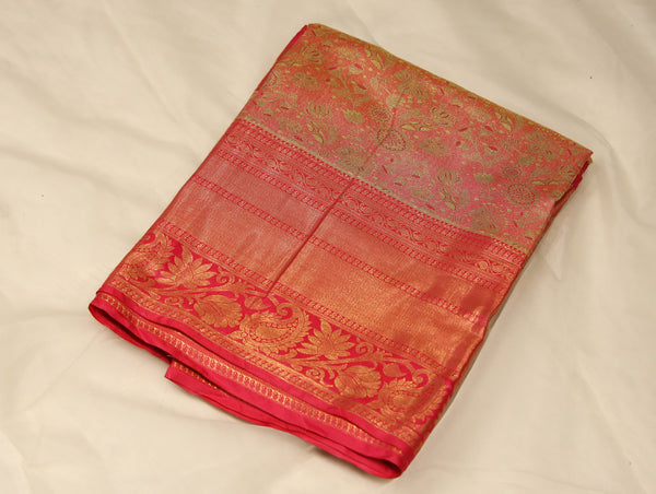 Burnt Orange Kanchipuram Inspired Semi Silk Saree with Wide Wide Contrast Border