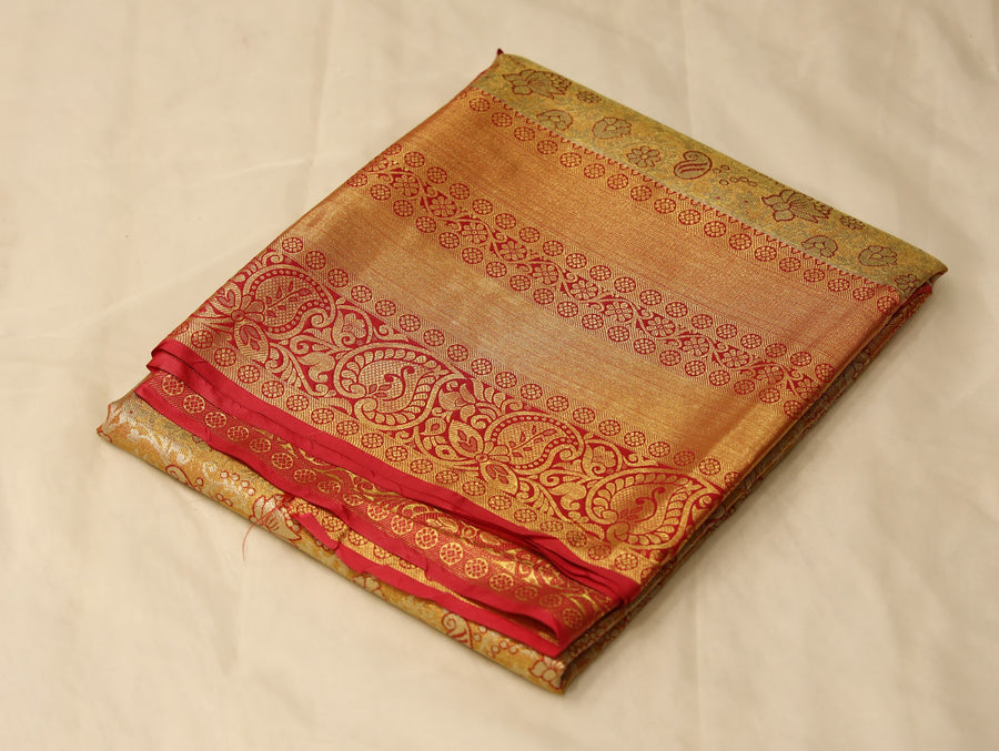 Saffron Gold Dharmavaram Inspired Semi Silk Saree with Wide Wide Contrast Border