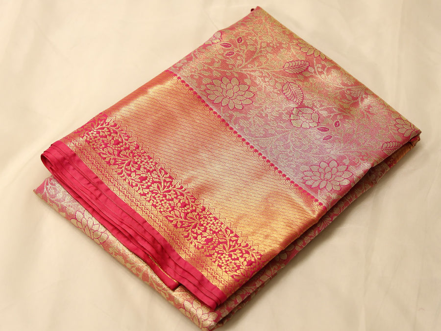 Sunset Coral Kanchipuram Inspired Semi Silk Saree with Medium Medium Contrast Border